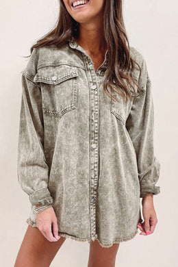 Sage Green Acid Wash Flap Pocket Raw Hem Tunic Denim Jacket Ti Amo I love you