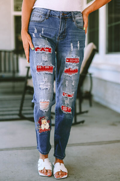 Santa Graphic Distressed Straight Jeans Ti Amo I love you