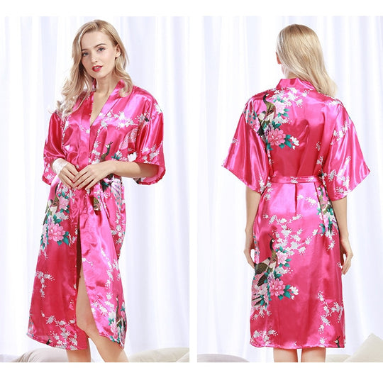 Womens Silk Satin Kimono Robes Long Sleepwear Dressing Gown Floral Peacock Printed Pattern Party Wedding Bridesmaid Bathrobe - Sizes S-XXXL