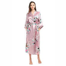 Load image into Gallery viewer, Womens Silk Satin Kimono Robes Long Sleepwear Dressing Gown Floral Peacock Printed Pattern Party Wedding Bridesmaid Bathrobe - Sizes S-XXXL
