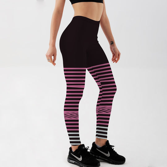 Womens / Teen Girls - Fitness Workout Black - Pink Stripe Elastic Leggings Pants - Sizes S-2XL