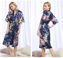 Load image into Gallery viewer, Womens Silk Satin Kimono Robes Long Sleepwear Dressing Gown Floral Peacock Printed Pattern Party Wedding Bridesmaid Bathrobe - Sizes S-XXXL
