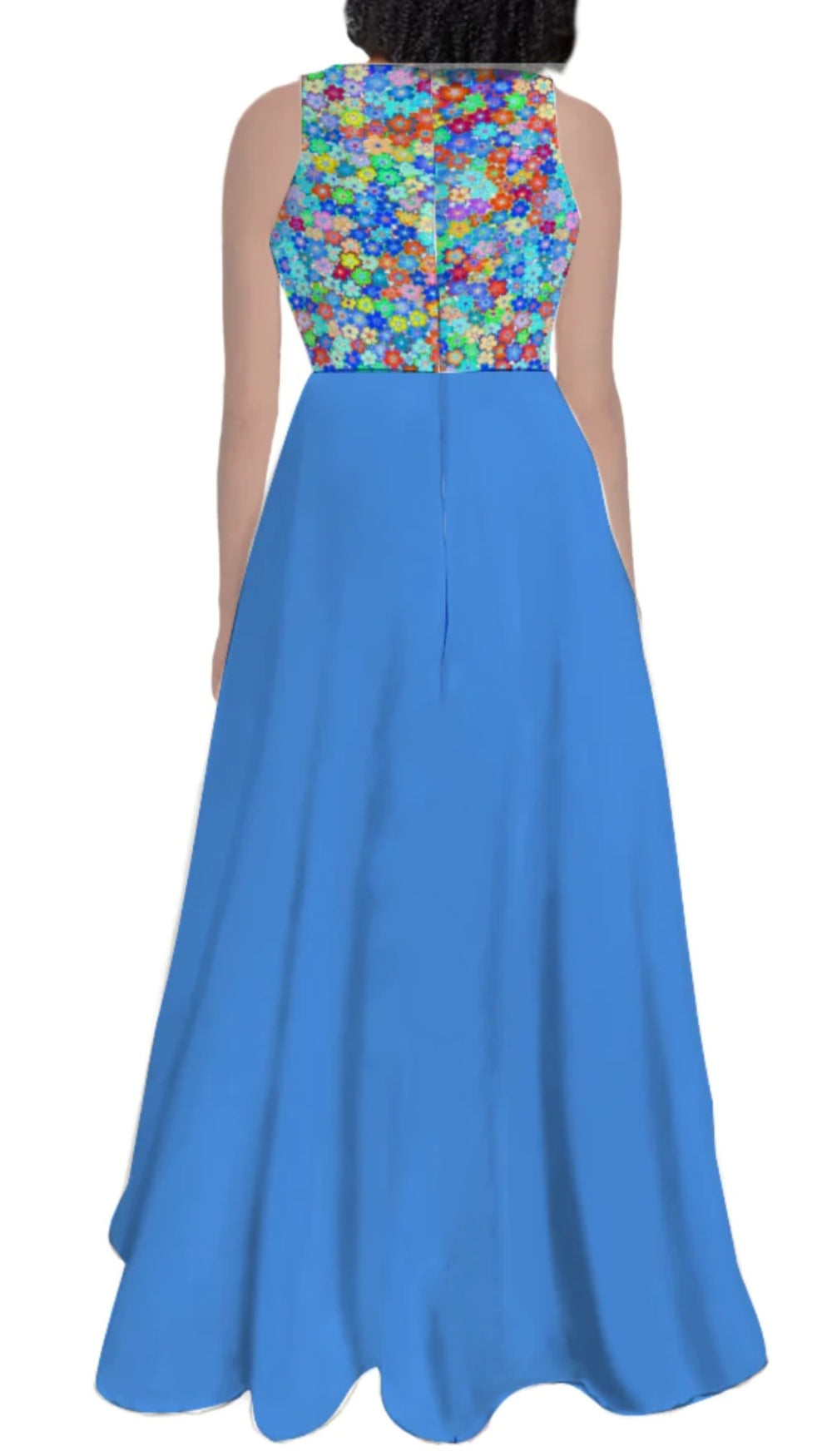 Ti Amo I love you Exclusive Brand - Steel Blue & Colorful Flowers - Sleeveless Classic Elegant Maxi Dress
