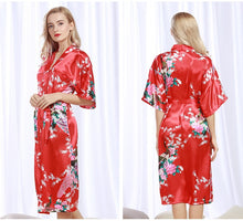 Load image into Gallery viewer, Womens Silk Satin Kimono Robes Long Sleepwear Dressing Gown Floral Peacock Printed Pattern Party Wedding Bridesmaid Bathrobe - Sizes S-XXXL
