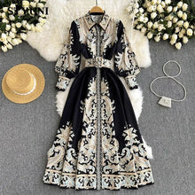 Load image into Gallery viewer, Womens - Paisley Print Vintage Turn-Down Collar Lantern Sleeve With Belt Fashion Mid-Calf- Dresses
