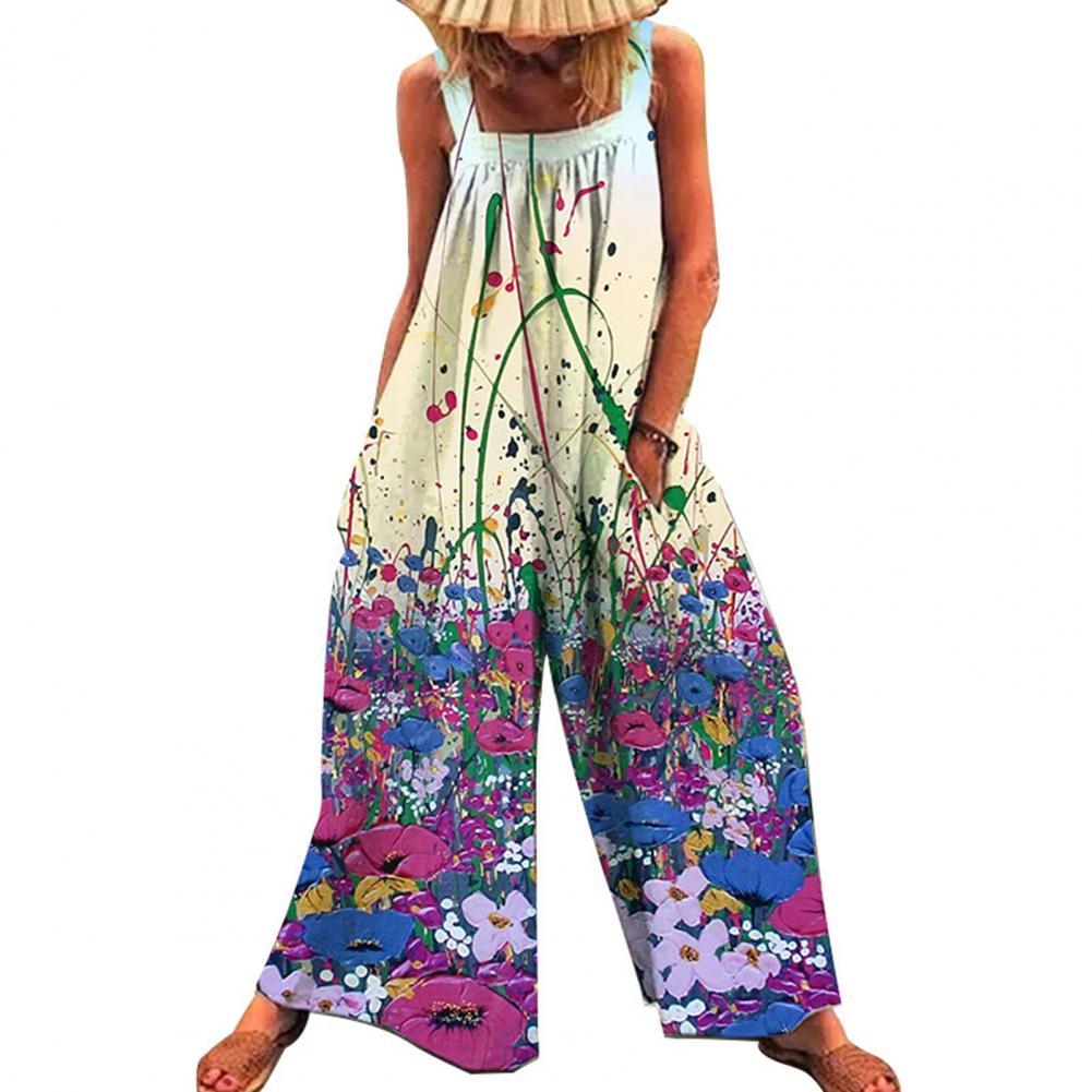 Womens Summer Loose Rompers /Jumpsuits Sexy Sleeveless Vintage Printed Tanks Playsuits Office Overalls - Sizes 6-14