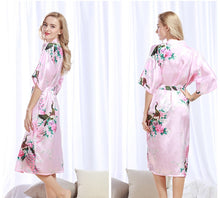 Load image into Gallery viewer, Womens Silk Satin Kimono Robes Long Sleepwear Dressing Gown Floral Peacock Printed Pattern Party Wedding Bridesmaid Bathrobe - Sizes S-XXXL
