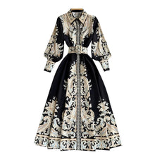 Load image into Gallery viewer, Womens - Paisley Print Vintage Turn-Down Collar Lantern Sleeve With Belt Fashion Mid-Calf- Dresses
