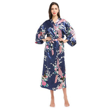 Load image into Gallery viewer, Womens Silk Satin Kimono Robes Long Sleepwear Dressing Gown Floral Peacock Printed Pattern Party Wedding Bridesmaid Bathrobe - Sizes S-XXXL
