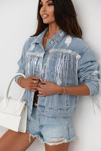 Load image into Gallery viewer, Sequin Fringe Trim Distressed Button Up Denim Jacket Ti Amo I love you
