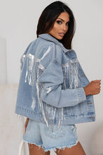 Load image into Gallery viewer, Sequin Fringe Trim Distressed Button Up Denim Jacket Ti Amo I love you
