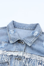 Load image into Gallery viewer, Sequin Fringe Trim Distressed Button Up Denim Jacket Ti Amo I love you
