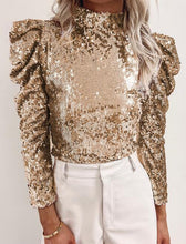 Load image into Gallery viewer, Sequin Mock Neck Long Sleeve Top Ti Amo I love you
