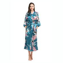 Load image into Gallery viewer, Womens Silk Satin Kimono Robes Long Sleepwear Dressing Gown Floral Peacock Printed Pattern Party Wedding Bridesmaid Bathrobe - Sizes S-XXXL
