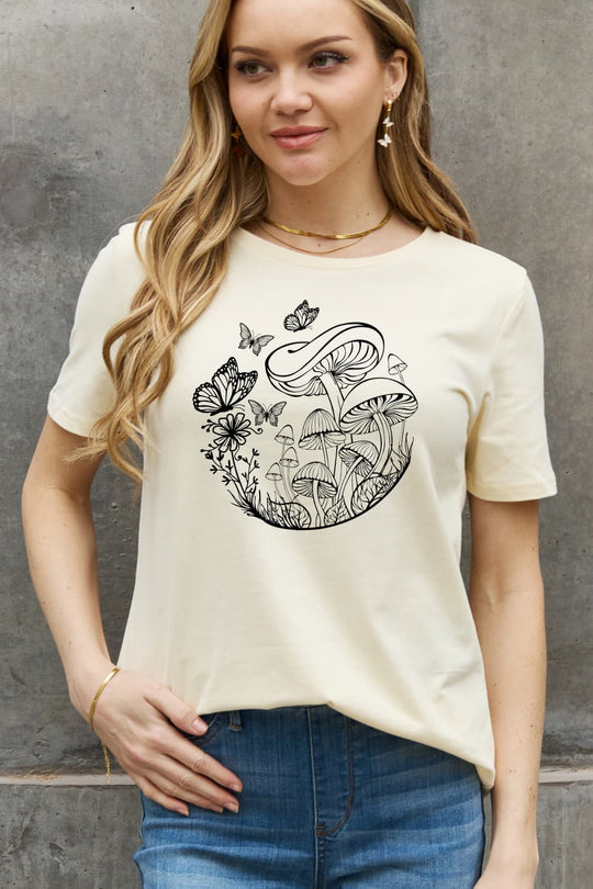 Simply Love Full Size Butterfly & Mushroom Graphic Cotton Tee Ti Amo I love you