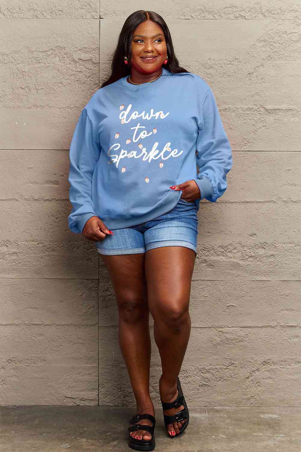 Simply Love Full Size DOWN TO SPARKLE Graphic Long Sleeve Sweatshirt Ti Amo I love you