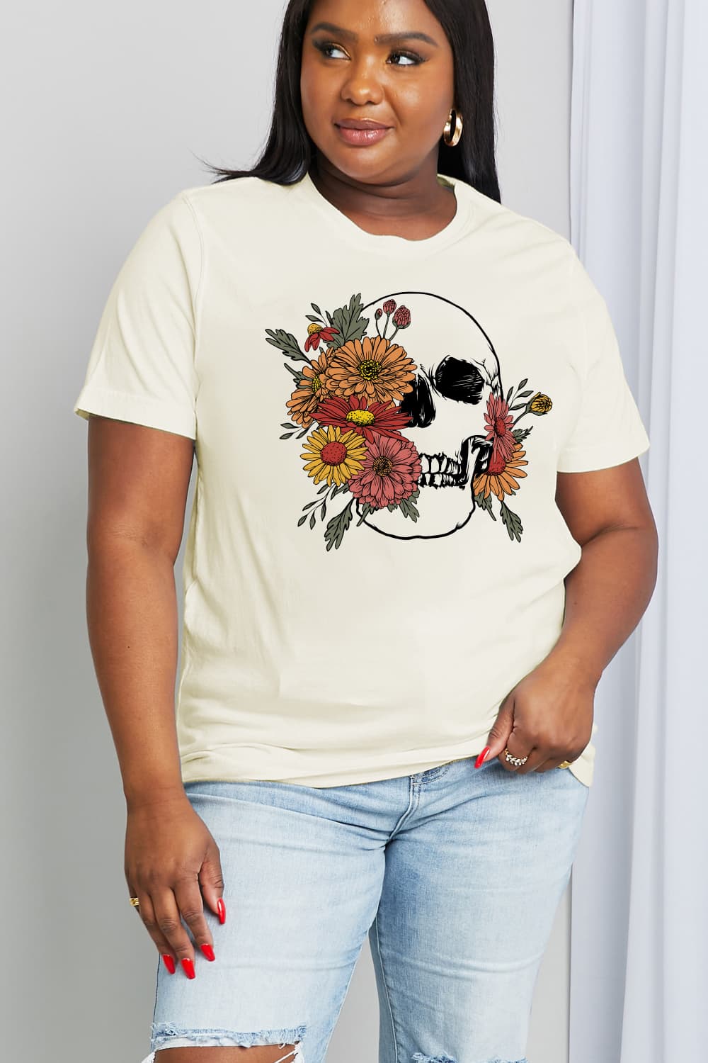 Simply Love Full Size Flower Skull Graphic Cotton Tee Ti Amo I love you