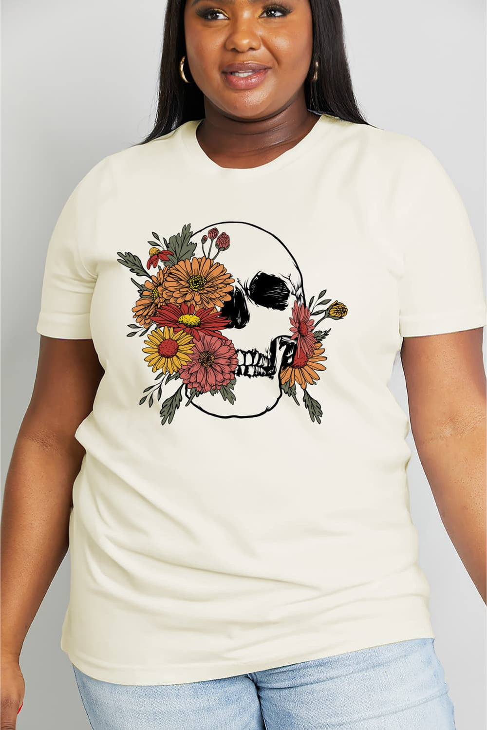 Simply Love Full Size Flower Skull Graphic Cotton Tee Ti Amo I love you