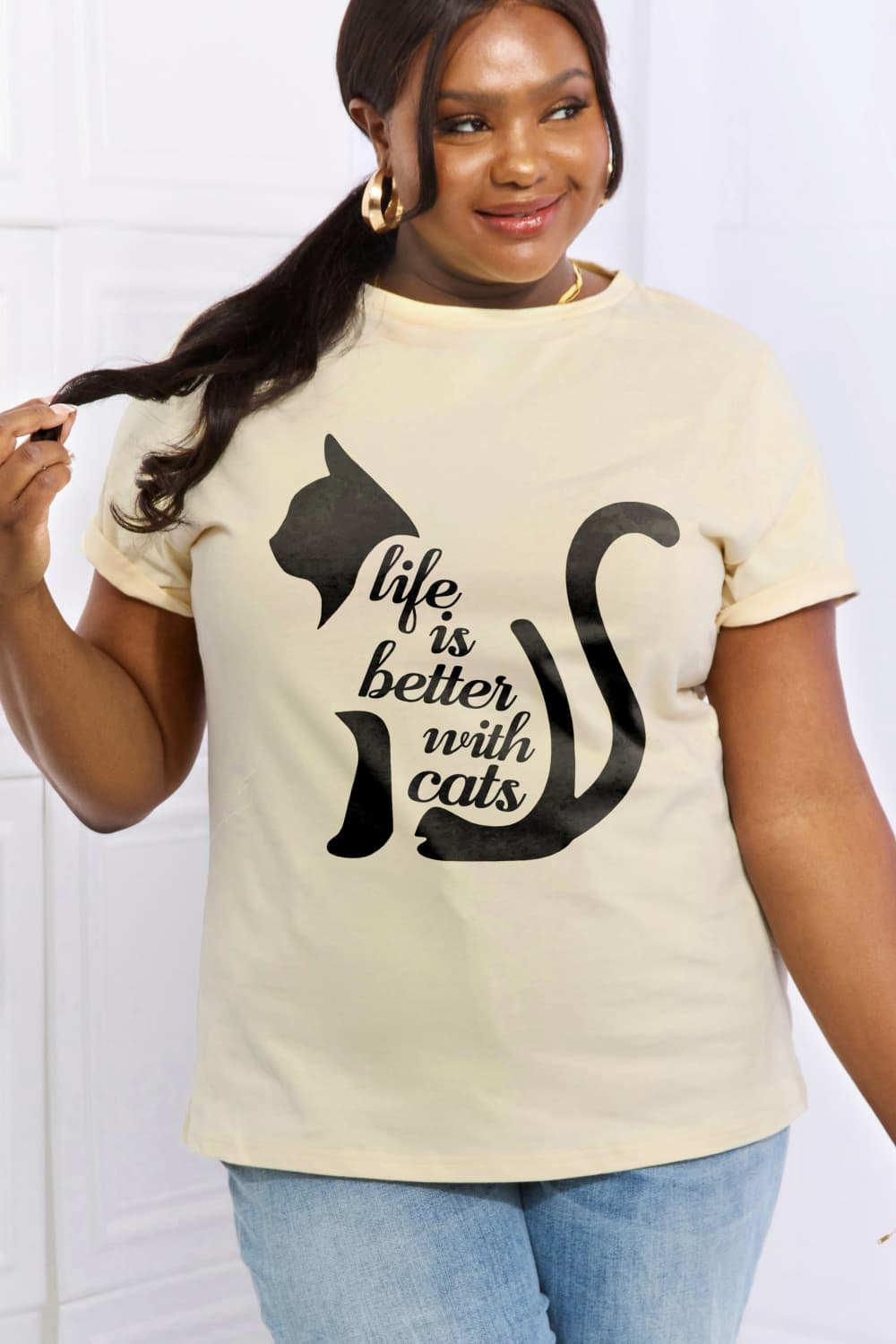 Simply Love Full Size LIFE IS BETTER WITH CATS Graphic Cotton Tee Ti Amo I love you