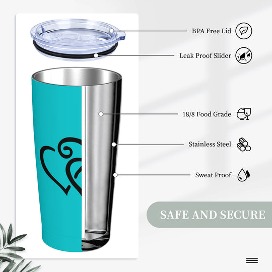 Ti Amo I love you - Exclusive Brand - Vivid Cyan (Robin's Egg Blue)- Double Black Heart - 20oz Stainless Steel Straw Lid Cup
