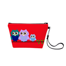 Load image into Gallery viewer, Ti Amo I love you - Exclusive Brand - Ferrari Red - 3 Sitting Owls - Sling Cosmetic Bag
