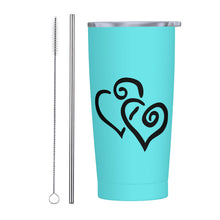 Load image into Gallery viewer, Ti Amo I love you - Exclusive Brand - Medium Turquoise Blue - Double Black Heart - 20oz Stainless Steel Straw Lid Cup
