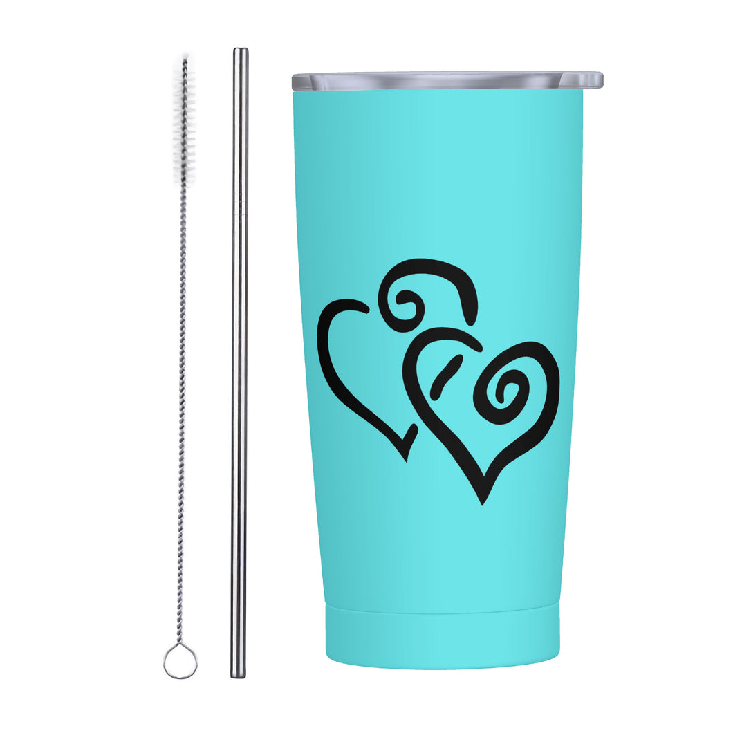 Ti Amo I love you - Exclusive Brand - Medium Turquoise Blue - Double Black Heart - 20oz Stainless Steel Straw Lid Cup