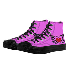 Load image into Gallery viewer, Ti Amo I love you - Exclusive Brand - Deep Lavender Magenta - Skeleton Hands with Heart - High Top Canvas Shoes - Black  Soles
