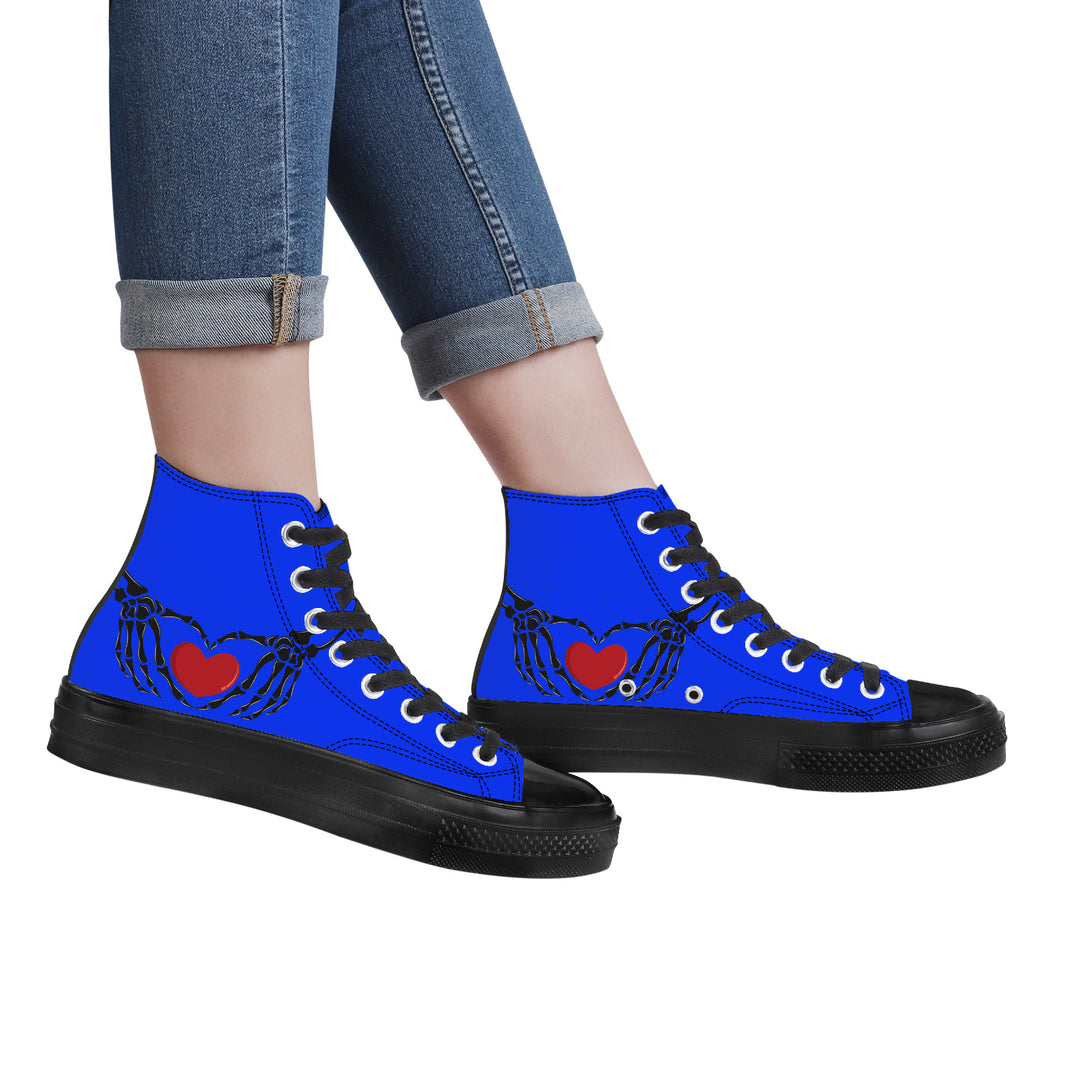 Ti Amo I love you - Exclusive Brand - Blue Blue Eyes - Skeleton Hands with Heart - High Top Canvas Shoes - Black  Soles
