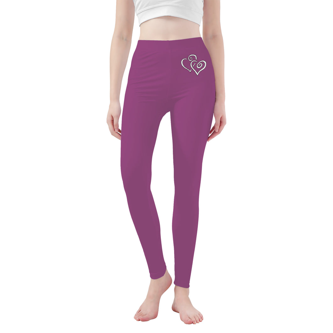 Ti Amo I love you - Exclusive Brand - Cannon Pink - Double White Heart - Womens / Teen Girls  / Womens Plus Size  - Yoga Leggings - Sizes XS-3XL