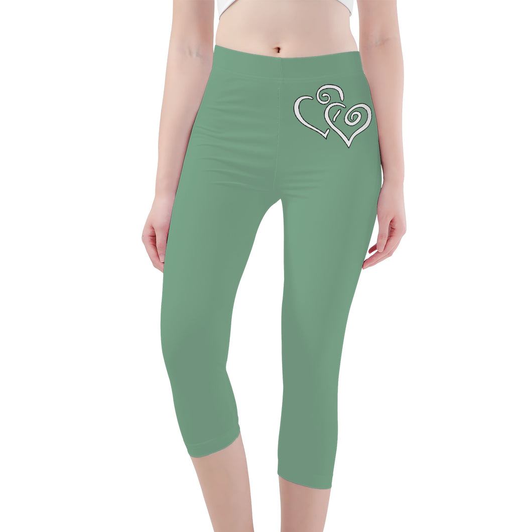 Ti Amo I love you - Exclusive Brand - Bayleaf Green - Double White Heart - Womens / Teen Girls / Womens Plus Size - Capri Yoga Leggings - Sizes XS-3XL