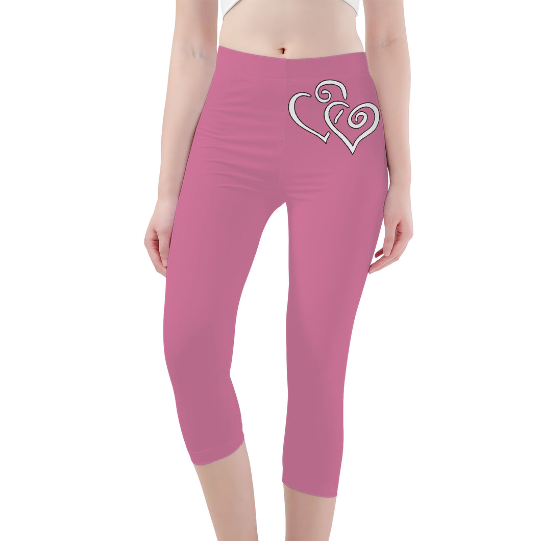 Ti Amo I love you - Exclusive Brand - Charm - Double White Heart - Womens / Teen Girls / Womens Plus Size - Capri Yoga Leggings - Sizes XS-3XL