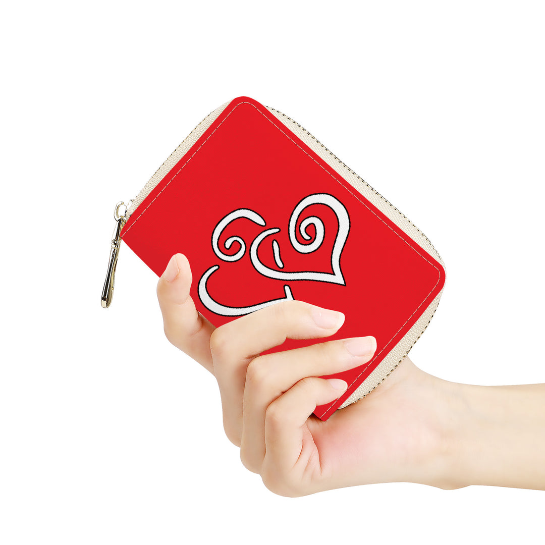 Ti Amo I love you - Exclusive Brand - Bright Crimson - Double White Heart - PU Leather - Zipper Card Holder