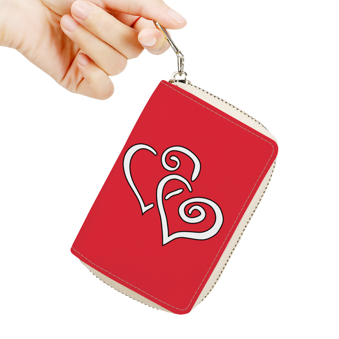 Ti Amo I love you - Exclusive Brand - Alazarin Red - Double White Heart - Zipper Card Holder