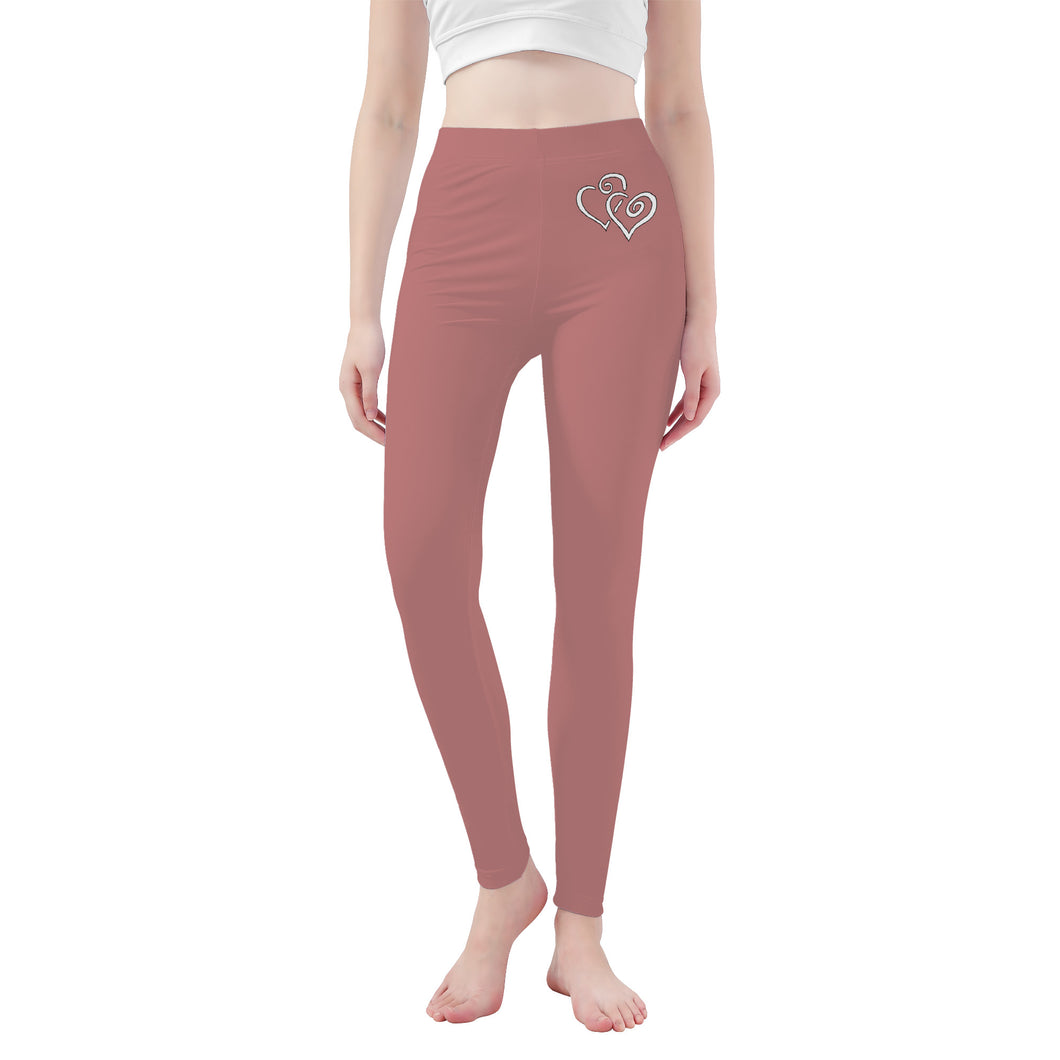 Ti Amo I love you - Exclusive Brand - Old Rose  - Double White Heart - Womens / Teen Girls  / Womens Plus Size  - Yoga Leggings - Sizes XS-3XL