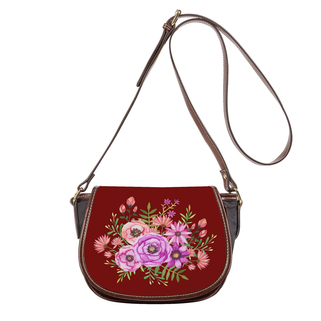 Ti Amo I love you - Exclusive Brand - Dark Burgundy - Fushia Pink & Tony's Pink Floral Pattern -  Saddle Bag