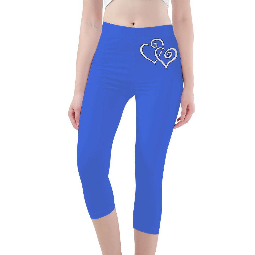 Ti Amo I love you -Exclusive Brand - Obscure Royal Blue - Double White Heart - Womens / Teen Girls / Womens Plus Size - Capri Yoga Leggings - Sizes XS-3XL