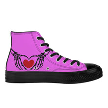 Load image into Gallery viewer, Ti Amo I love you - Exclusive Brand - Deep Lavender Magenta - Skeleton Hands with Heart - High Top Canvas Shoes - Black  Soles
