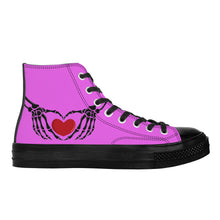 Load image into Gallery viewer, Ti Amo I love you - Exclusive Brand - Deep Lavender Magenta - Skeleton Hands with Heart - High Top Canvas Shoes - Black  Soles
