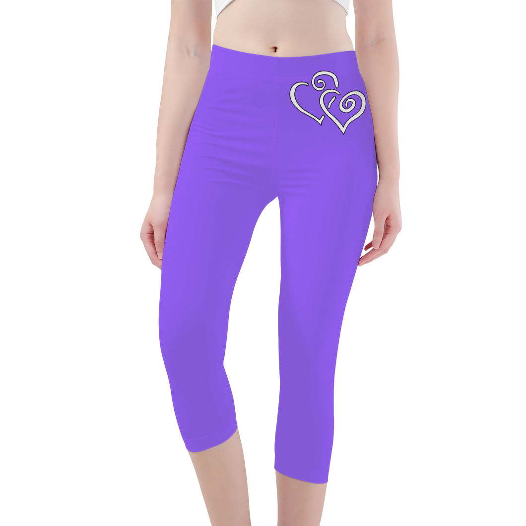 Ti Amo I love you - Exclusive Brand - Heliotrope 3 - Double White Heart - Womens / Teen Girls / Womens Plus Size - Capri Yoga Leggings - Sizes XS-3XL