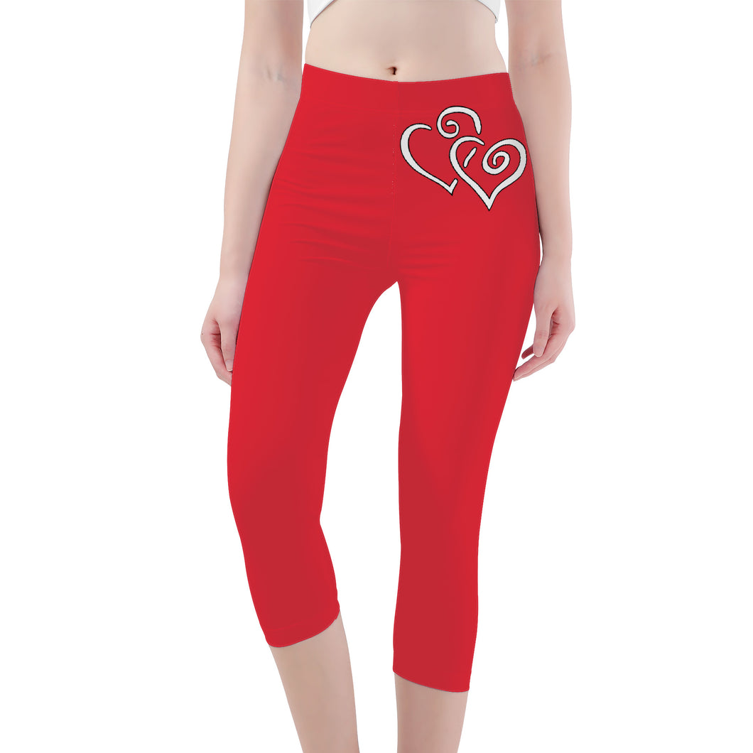 Ti Amo I love you -Exclusive Brand - Alazarin Red - Double White Heart - Womens / Teen Girls / Womens Plus Size - Capri Yoga Leggings - Sizes XS-3XL