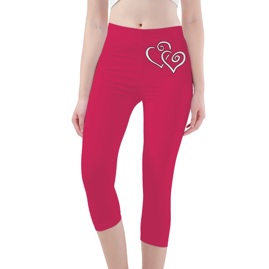 Ti Amo I love you - Exclusive Brand - Cerise Red 2 - Double White Heart - Womens / Teen Girls / Womens Plus Size - Capri Yoga Leggings - Sizes XS-3XL