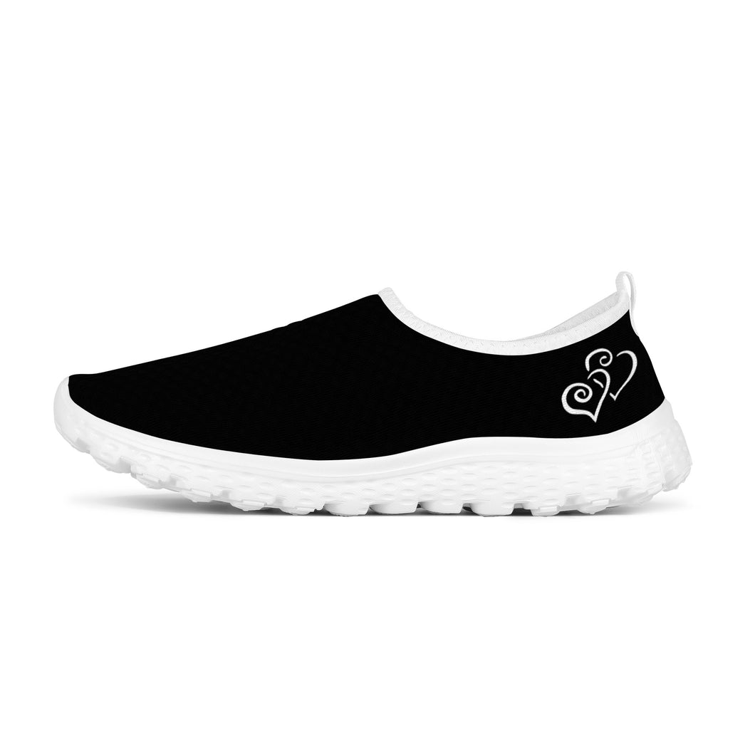 Ti Amo I love you - Exclusive Brand - Black - Double White Heart - Women's Mesh Running Shoes - White Soles