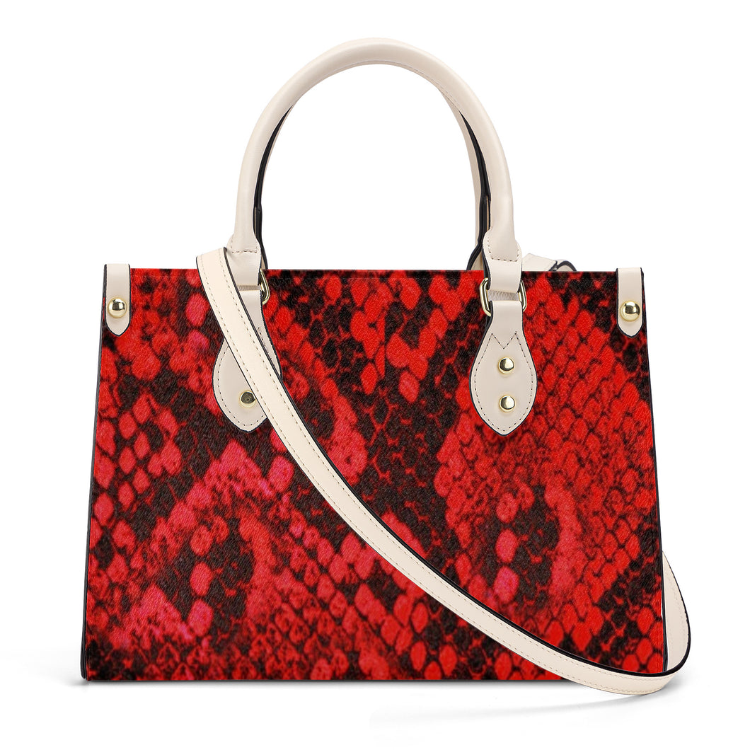 Ti Amo I love you - Exclusive Brand - Red Snake Skin - Luxury Womens PU Tote Bag - Cream Straps