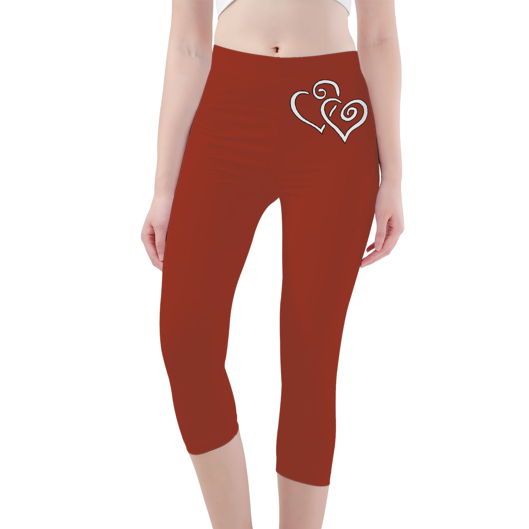 Ti Amo I love you -Exclusive Brand - Brick Red 2 - Double White Heart - Womens / Teen Girls / Womens Plus Size - Capri Yoga Leggings - Sizes XS-3XL