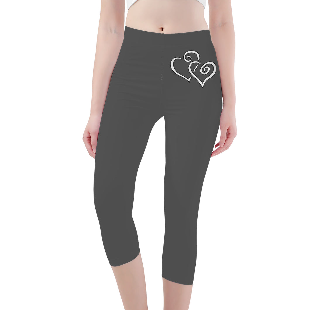 Ti Amo I love you -Exclusive Brand - Davy's Grey - Double White Heart - Womens / Teen Girls / Womens Plus Size - Capri Yoga Leggings - Sizes XS-3XL