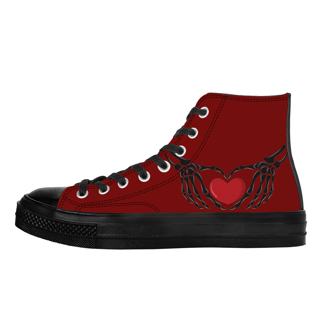 Ti Amo I love you - Exclusive Brand - Dark Burgundy - Skeleton Hands with Heart - High Top Canvas Shoes - Black  Soles