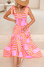 Load image into Gallery viewer, Pink Boho Gingham Tied Straps Smocked Maxi Dress
