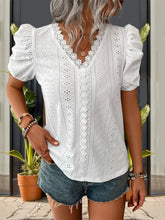 Load image into Gallery viewer, Lace Detail Eyelet V-Neck Short Sleeve Blouse
