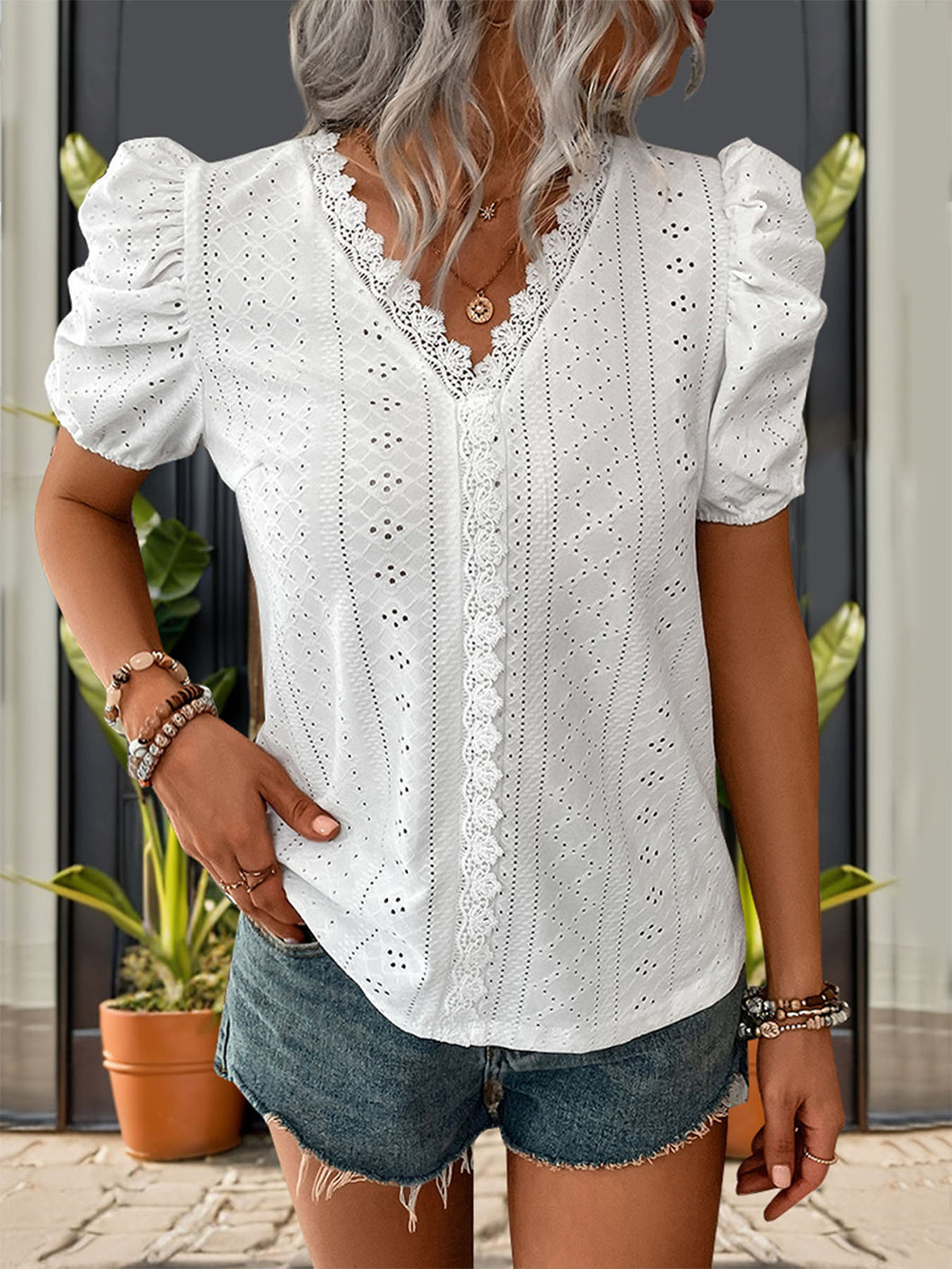 Lace Detail Eyelet V-Neck Short Sleeve Blouse